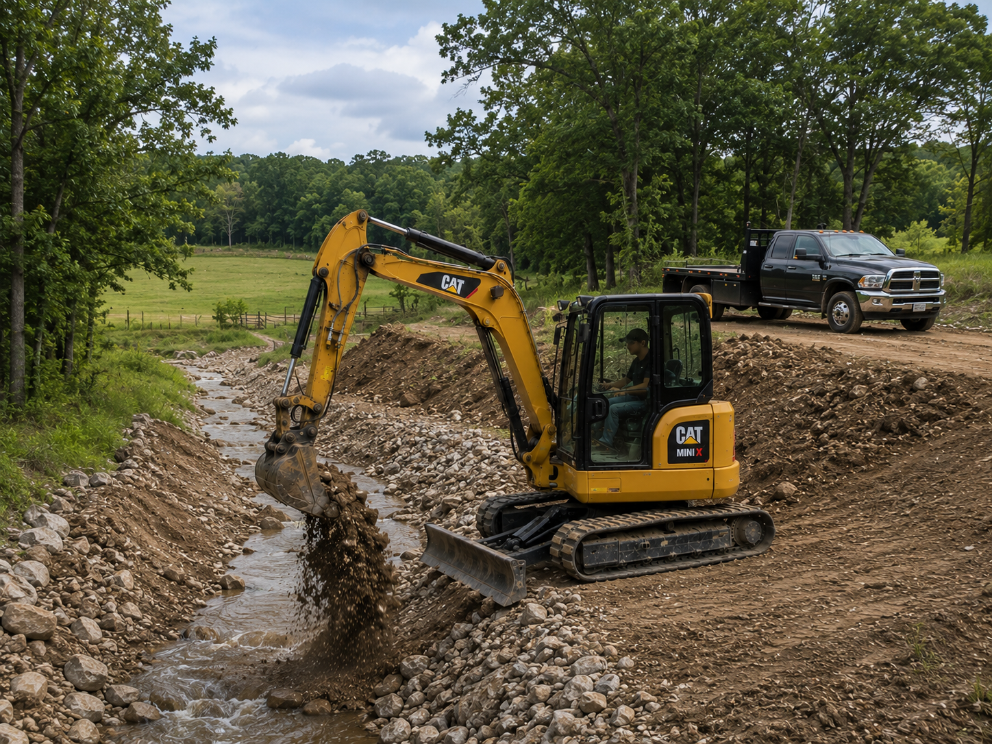 Mini excavator near creek work